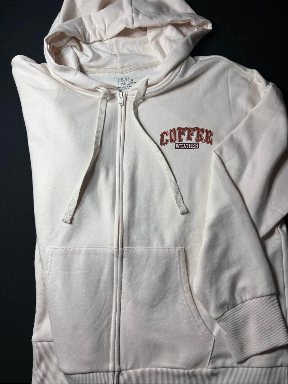 Time and Tru Cream Full-Zip Hoodie with "Coffee Weather" Graphic NEW , DTF PRINT